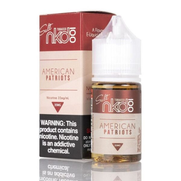 American Patriots by NKD 100 Salt E-Liquid is a special nicotine salt formulation of featuring a full bodied rich tobacco blend with firm, full rounded, and distinct notes that pay homage to the most legendary of tobacco flavors.